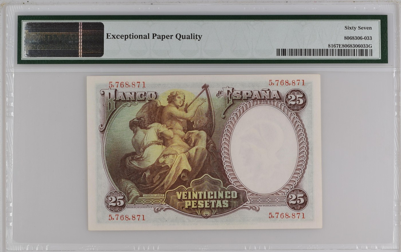 收藏联盟Quantum Auction 第296期拍卖  西班牙1931年25比塞塔 PMG67 小天使 号码无4 BWC经典之作