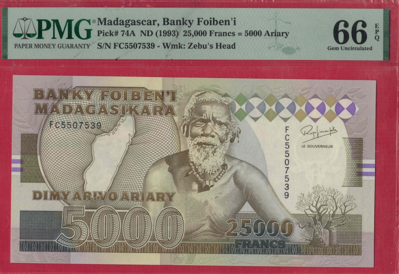 马达加斯加5000阿里亚里(25000法郎) 1993年 P-74A 无4 非洲纸币 实物图 UNC