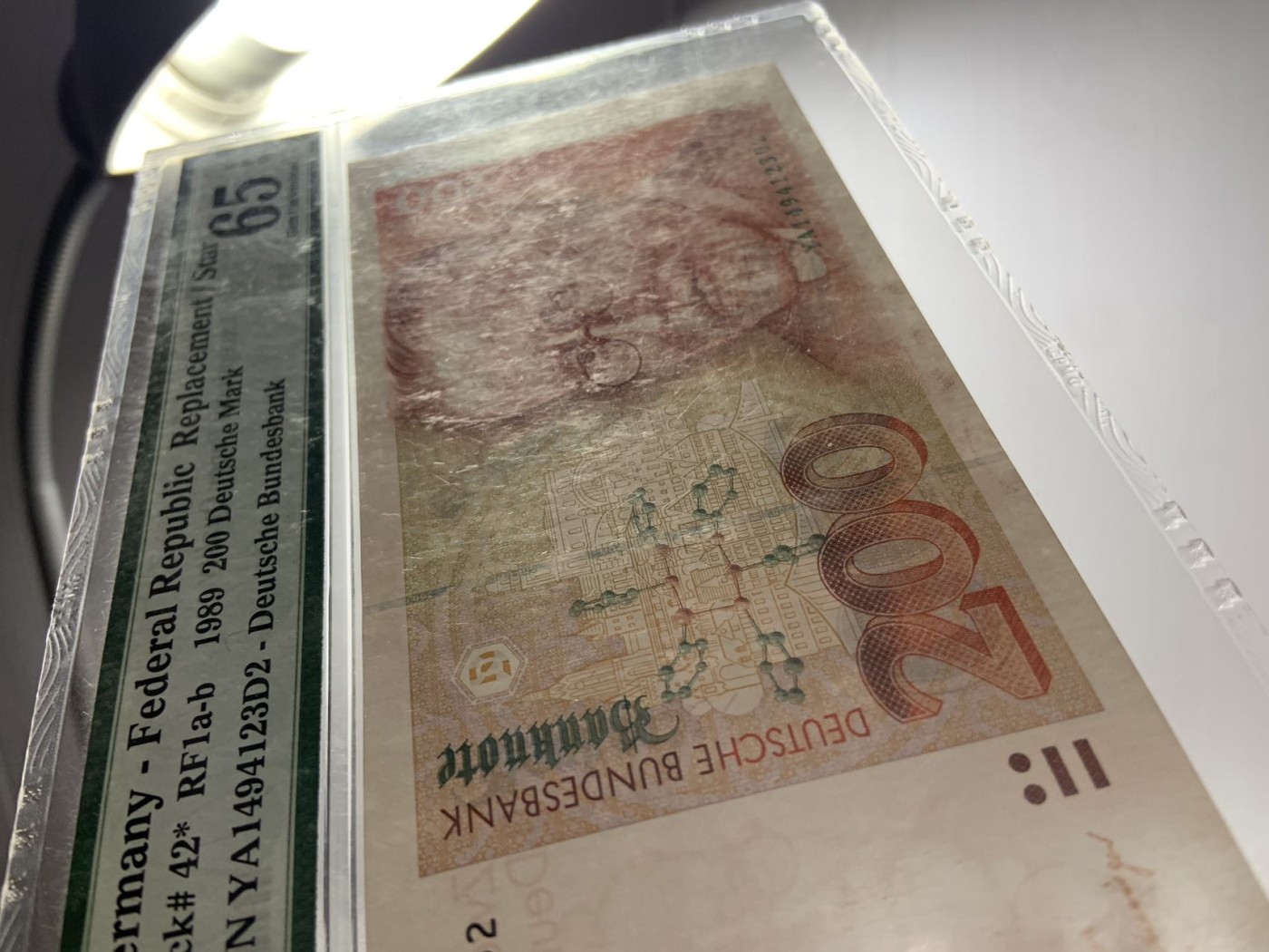 收藏联盟Quantum Auction 第296期拍卖  德国联邦1989年200马克 PMG65 补号 诺贝尔生理学奖得主 埃尔利希