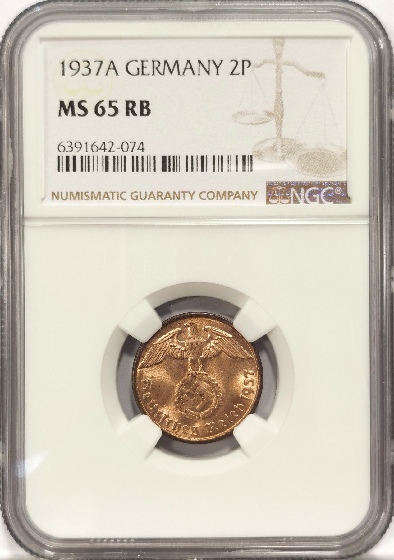 博洋堂世界钱币拍卖第047期（全场包邮） NGC MS65 德国1937年A带字2芬尼，卷拆品相，收藏一步到位