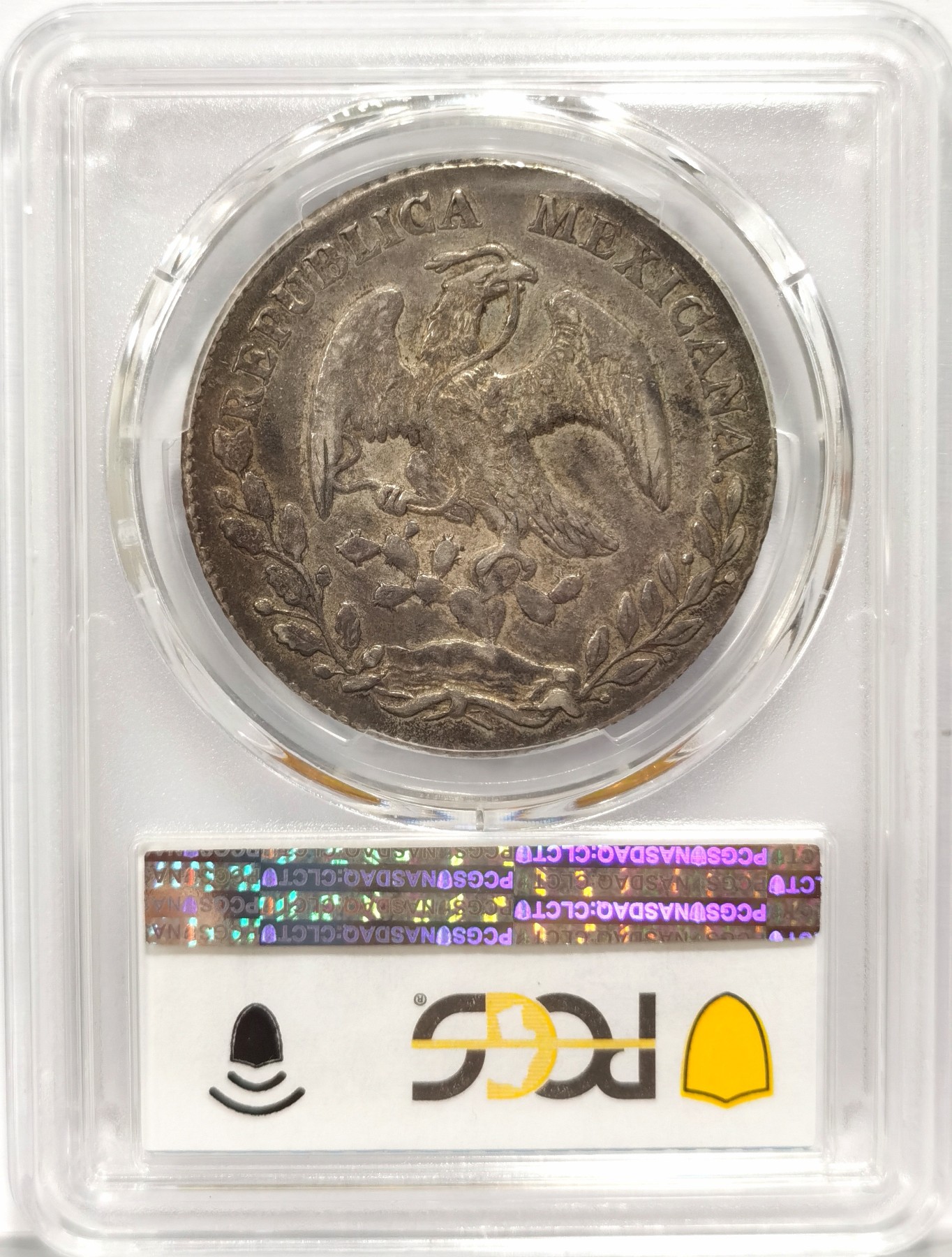 博洋堂世界钱币拍卖第047期（全场包邮） PCGS AU53 墨西哥1877年Ga JA鹰洋 官网封面币 中期中羽毛算好的了 通体灰绿包浆，浑然天成，实在难得！个人觉得正面是58状态
