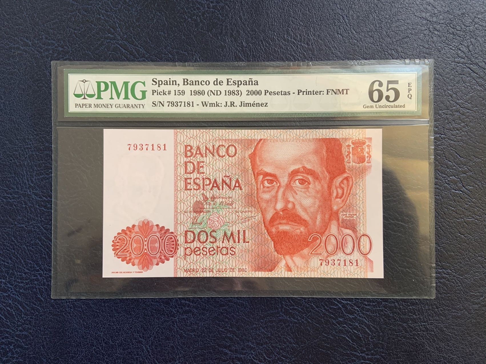 收藏联盟Quantum Auction 第296期拍卖  西班牙1980年2000比塞塔 PMG65 初版纯数字冠 诺贝尔文学奖得主