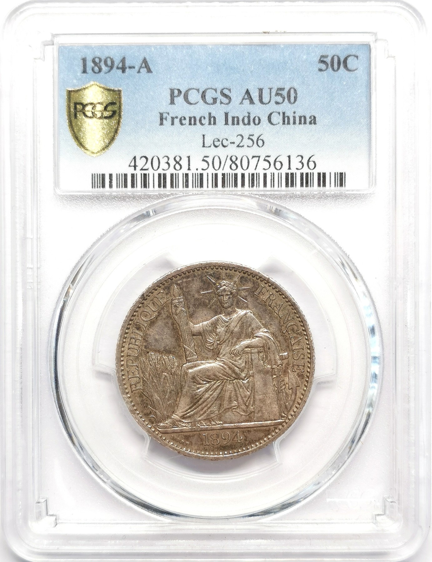凡希社世界钱币微拍第二百五十期 1894A法属印度支那50分加重版银币PCGS-AU50