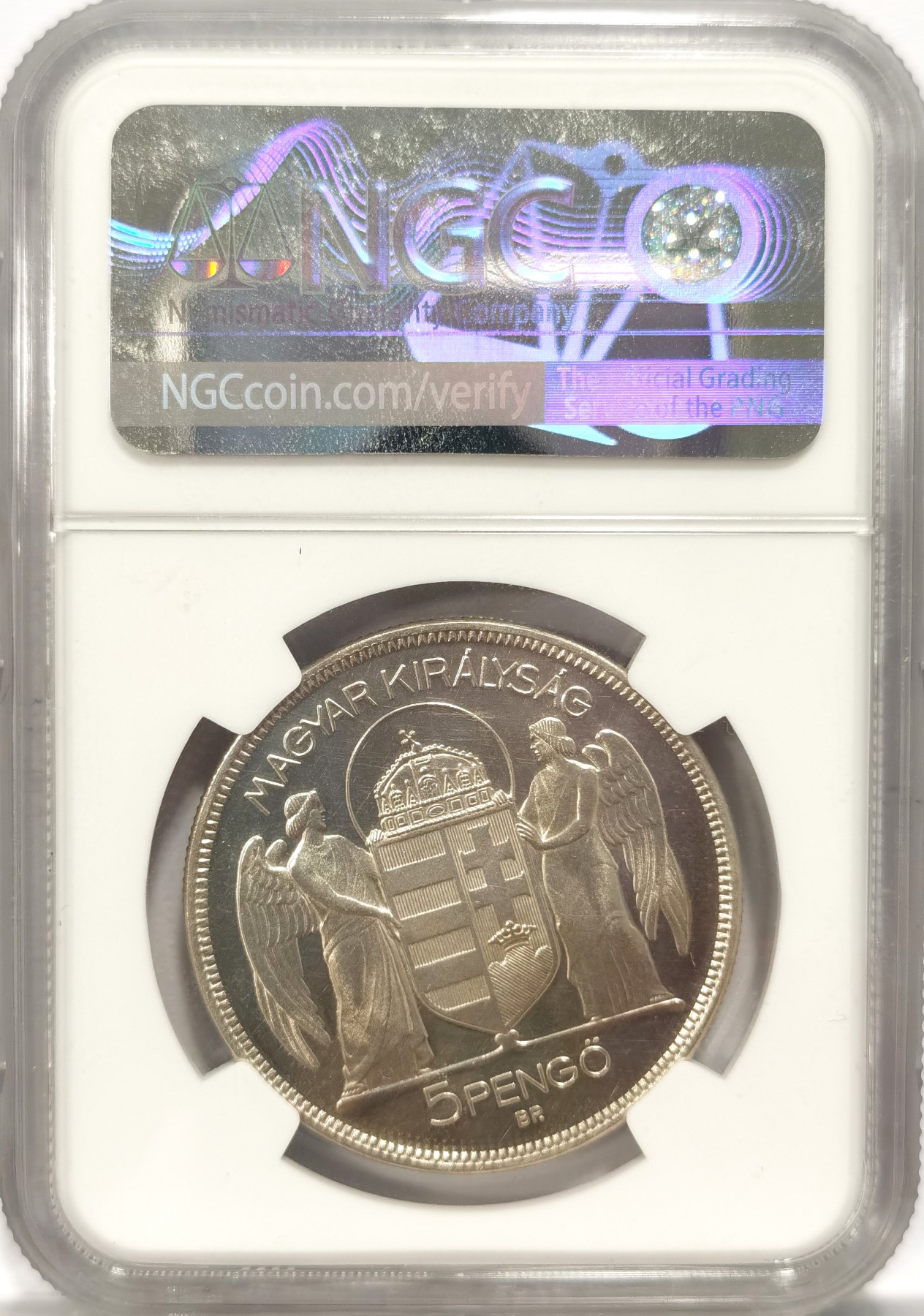 博洋堂世界钱币拍卖第047期（全场包邮） NGC PF61 1930年匈牙利王国摄政王霍尔蒂摄政十周年纪念5潘果双天使银币，镜面状态，状态极佳，非常漂亮，NGC评级同款高于此分的才区区6枚