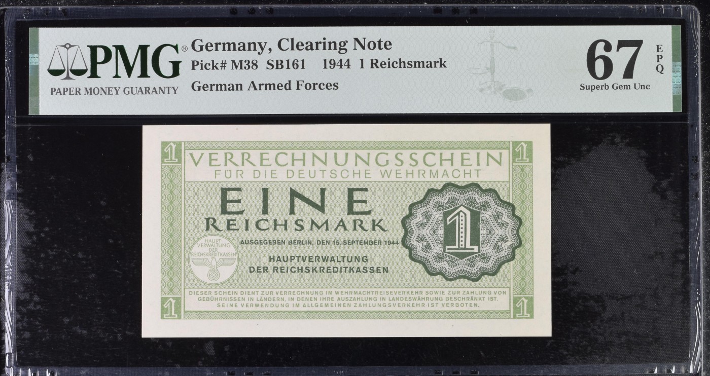 收藏联盟Quantum Auction 第296期拍卖  德国1944年1马克武装部队结算票 PMG67 少见