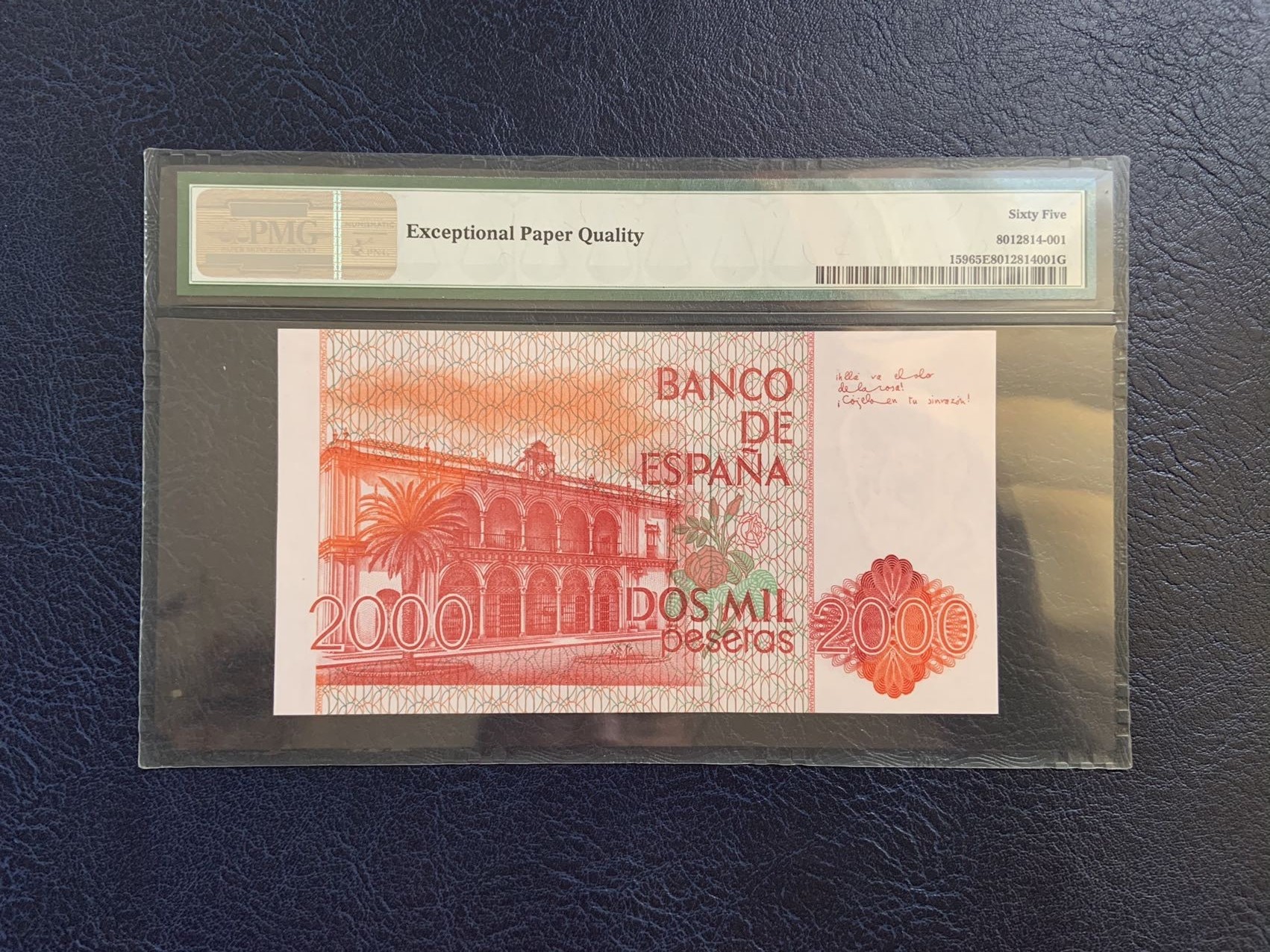 收藏联盟Quantum Auction 第296期拍卖  西班牙1980年2000比塞塔 PMG65 初版纯数字冠 诺贝尔文学奖得主