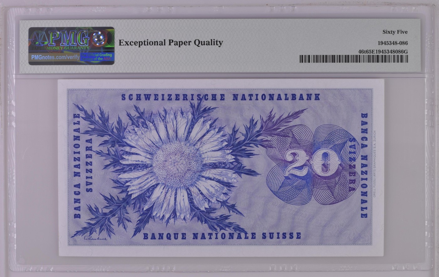 收藏联盟Quantum Auction 第296期拍卖  瑞士1972年20法郎 PMG65 千位号 号码无347