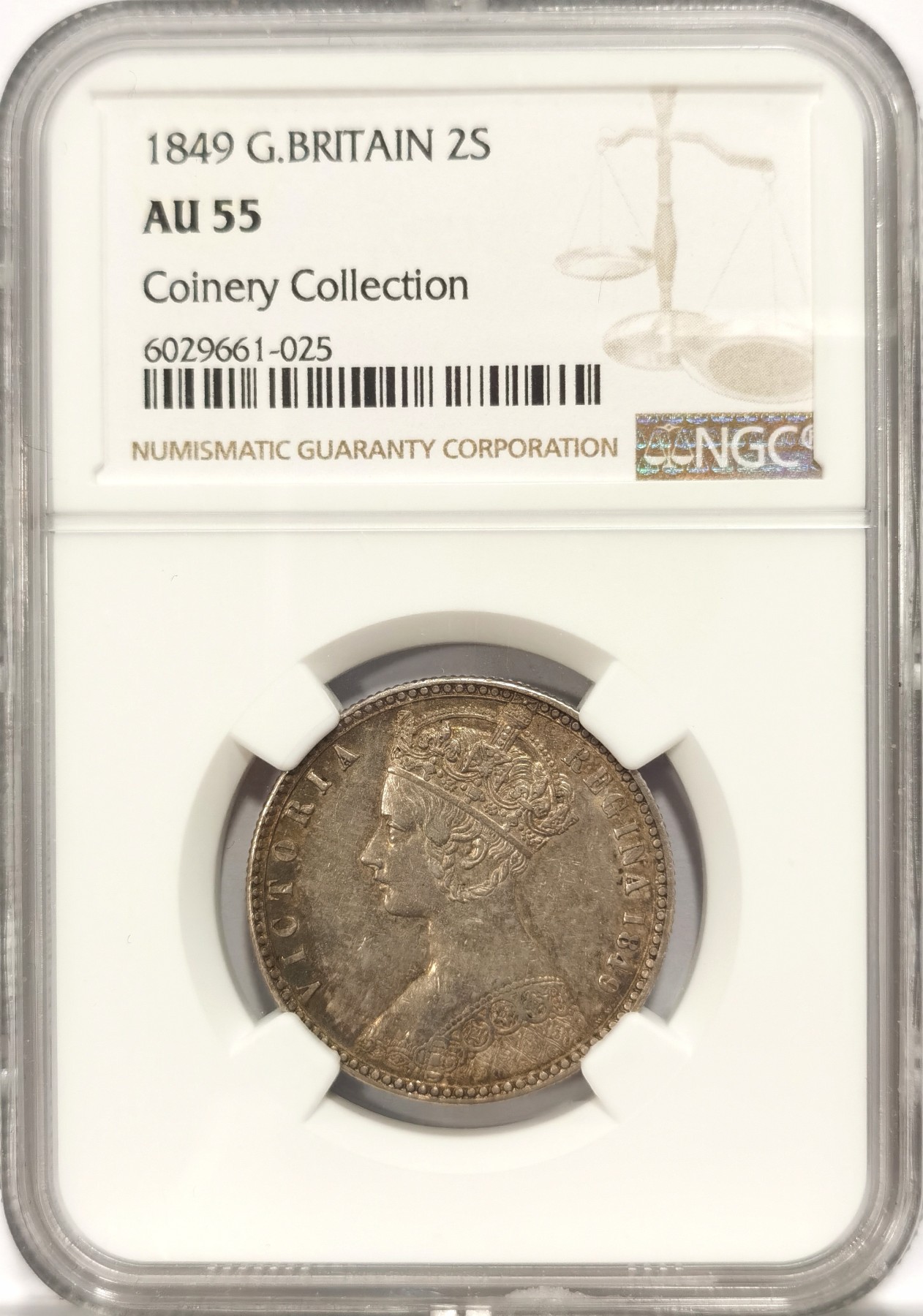 博洋堂世界钱币拍卖第047期（全场包邮） NGC AU55 英国1849年维多利亚无神弗洛林，名家旧藏，金色包浆，带点蓝彩，深打不易