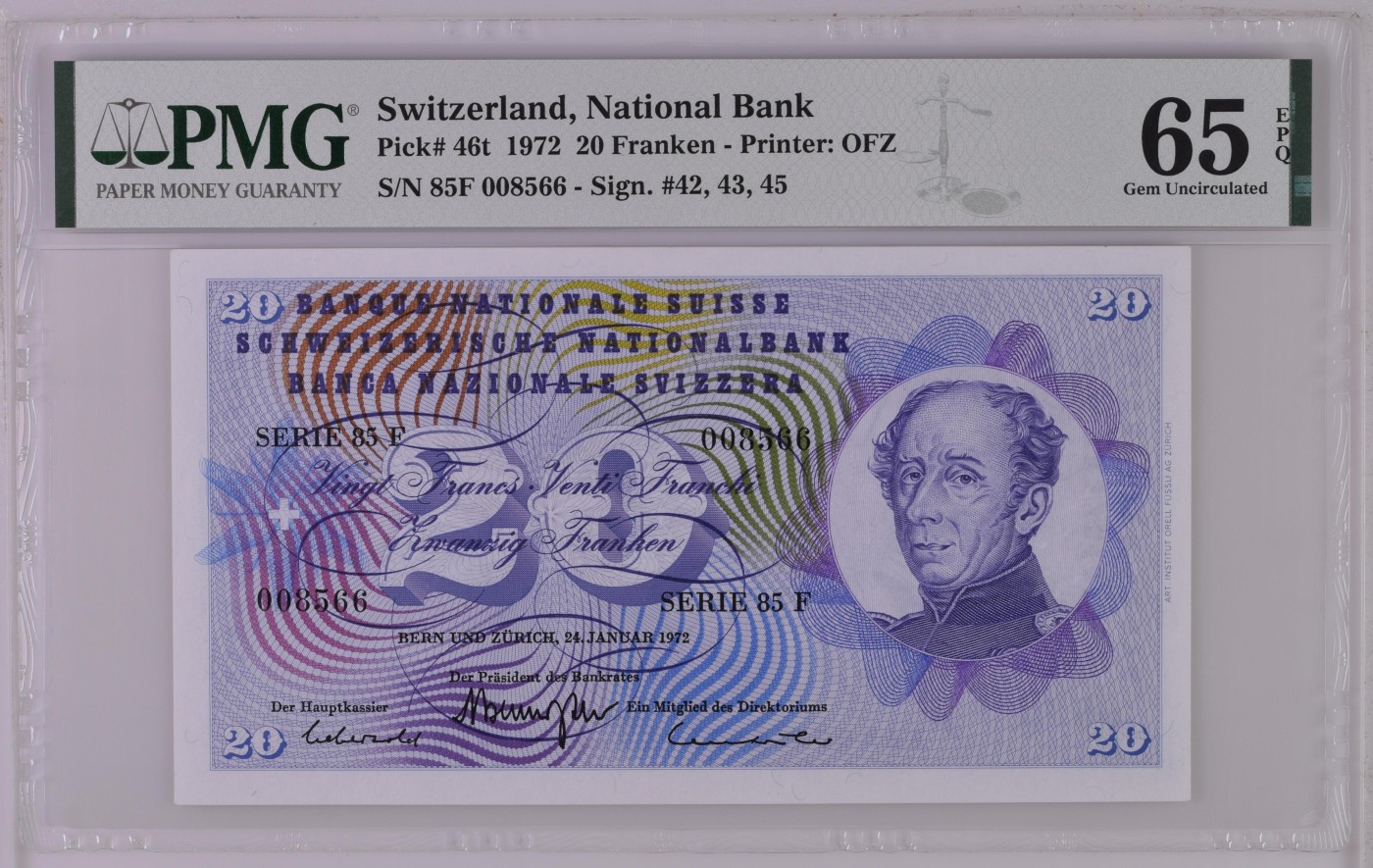 收藏联盟Quantum Auction 第296期拍卖  瑞士1972年20法郎 PMG65 千位号 号码无347