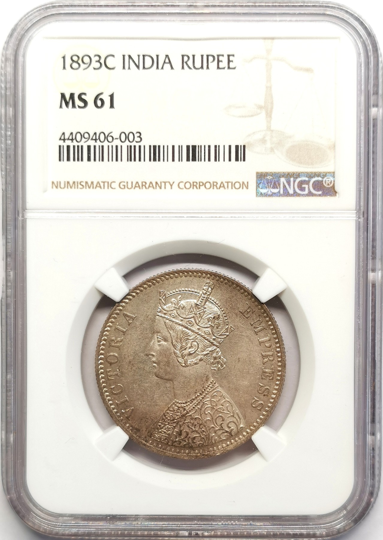 凡希社世界钱币微拍第二百五十期 1893C英属印度小维卢比NGC-MS61