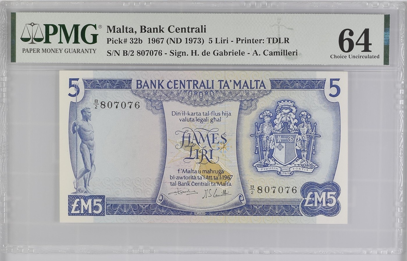 收藏联盟Quantum Auction 第296期拍卖  马耳他1967 (ND 1973)年5里拉 PMG64 德纳罗彩背 