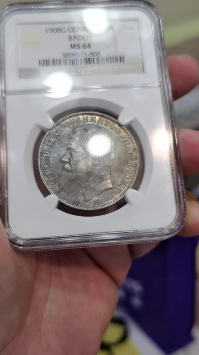 博洋堂世界钱币拍卖第047期（全场包邮） NGC MS64 德国巴登1908年弗里德里希二世3马克，深紫罗兰原味包浆，N盒老评，状态一流