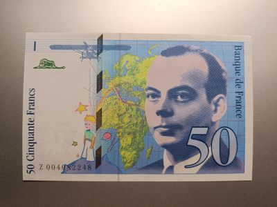 【专场20231011】癸卯天字癸号拍——世界钞/币专场 - 【拍品008】法国1992年50法郎UNC，首发年份最后一个冠号004，圣埃克絮佩里