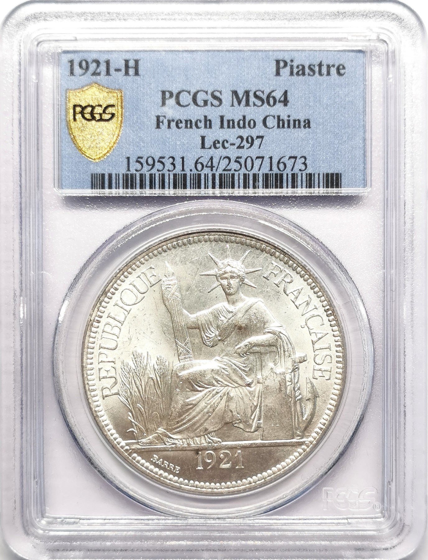 凡希社世界钱币微拍第二百五十期 荐！1921H法属印度支那皮亚斯特大银PCGS-MS64霜面银光顶级品！
