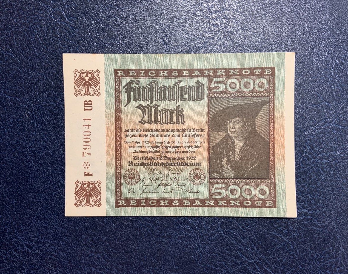 收藏联盟Quantum Auction 第296期拍卖  德国1922年5000马克 品相UNC- 稀少星补号