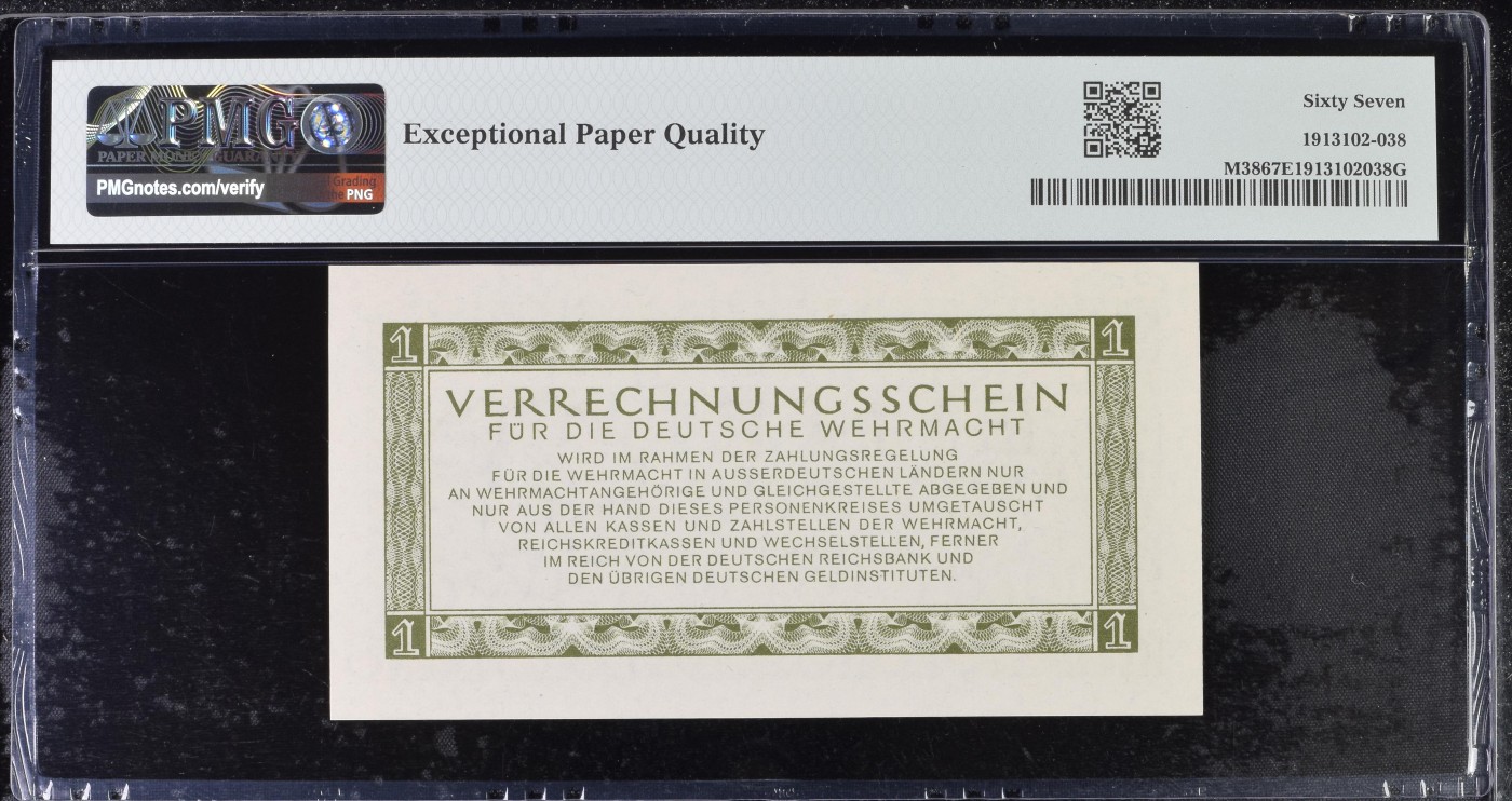 收藏联盟Quantum Auction 第296期拍卖  德国1944年1马克武装部队结算票 PMG67 少见