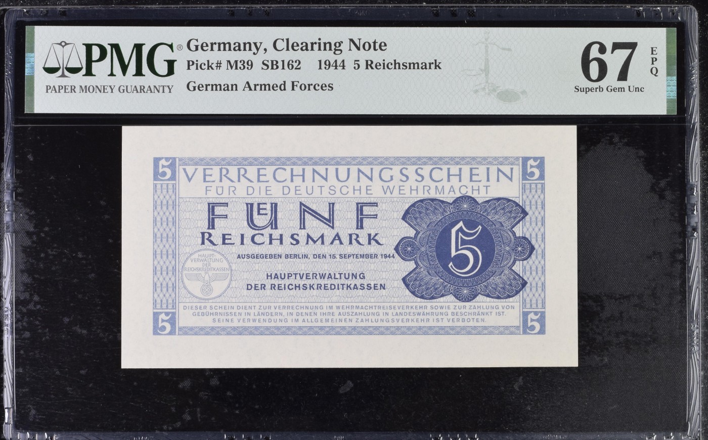 收藏联盟Quantum Auction 第296期拍卖  德国1944年5马克武装部队结算票 PMG67 少见