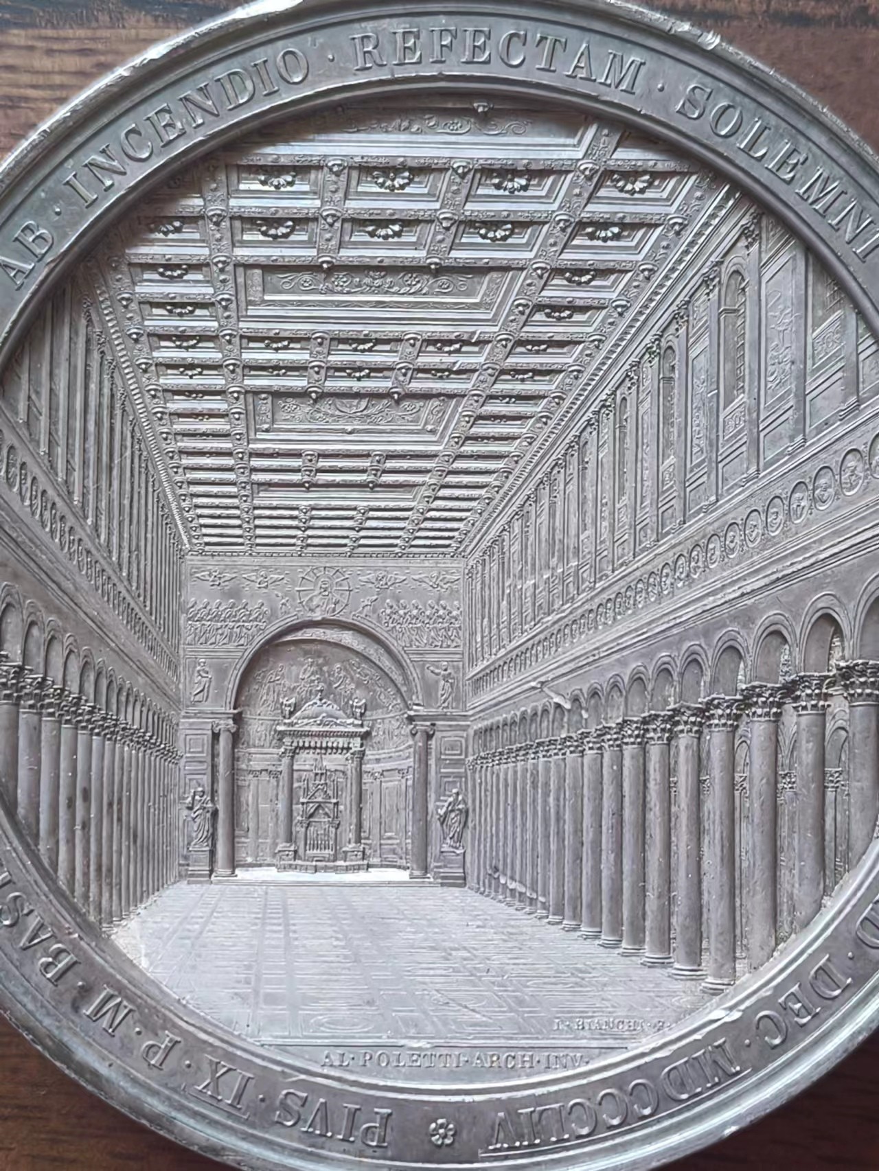 1854年意大利银章，庇护九世（1846-1878），墙外重建的圣保罗大教堂的祝圣仪式。82mm