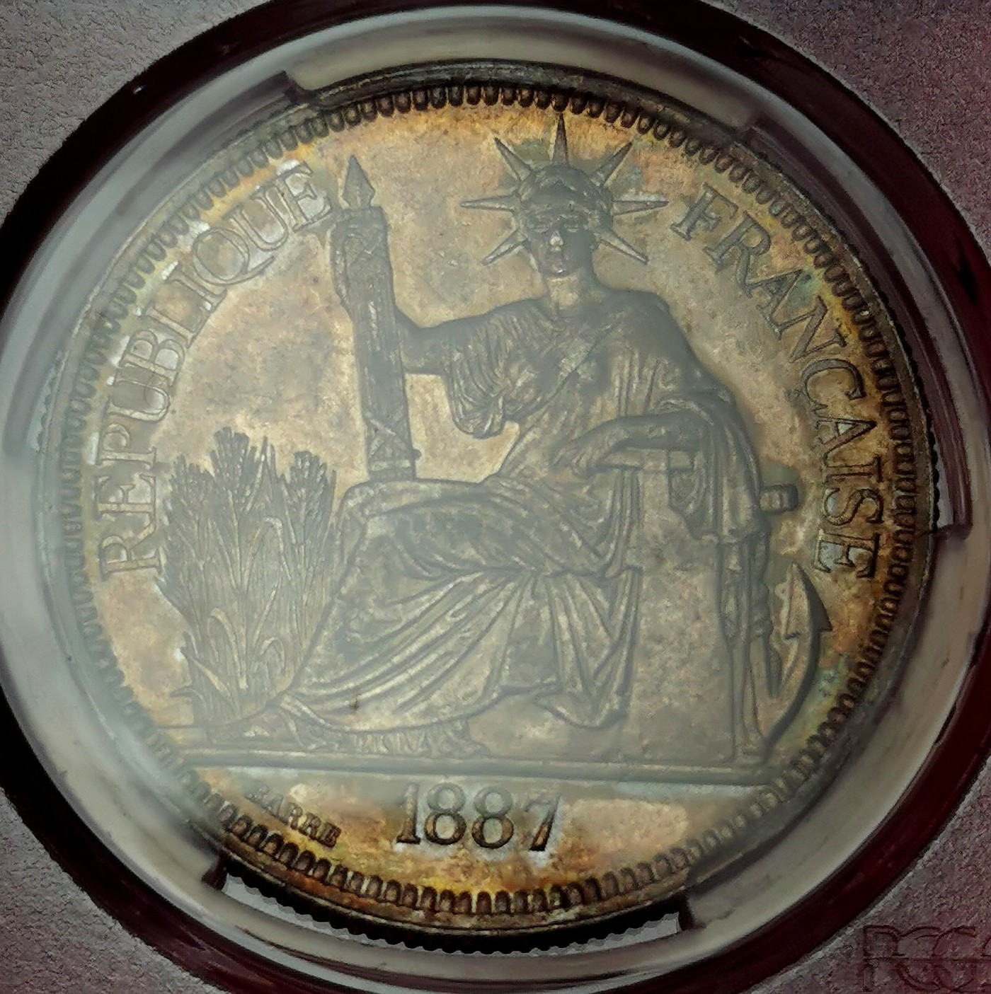 凡希社世界钱币微拍第二百五十期 1887A法属印度支那加重版皮亚斯特大银PCGS-AUD边道锐利实物相当好！