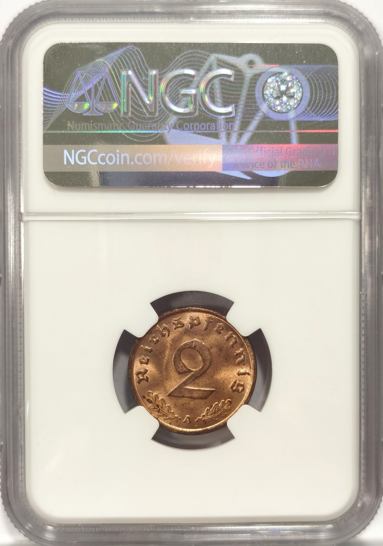 博洋堂世界钱币拍卖第047期（全场包邮） NGC MS65 德国1937年A带字2芬尼，卷拆品相，收藏一步到位