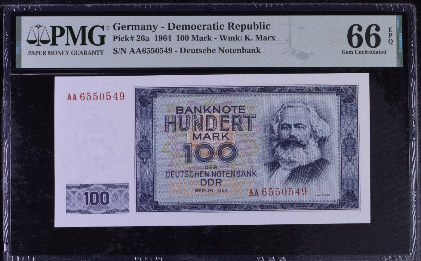 收藏联盟Quantum Auction 第296期拍卖  德国民主共和国1964年100马克 PMG66 首发AA冠 
