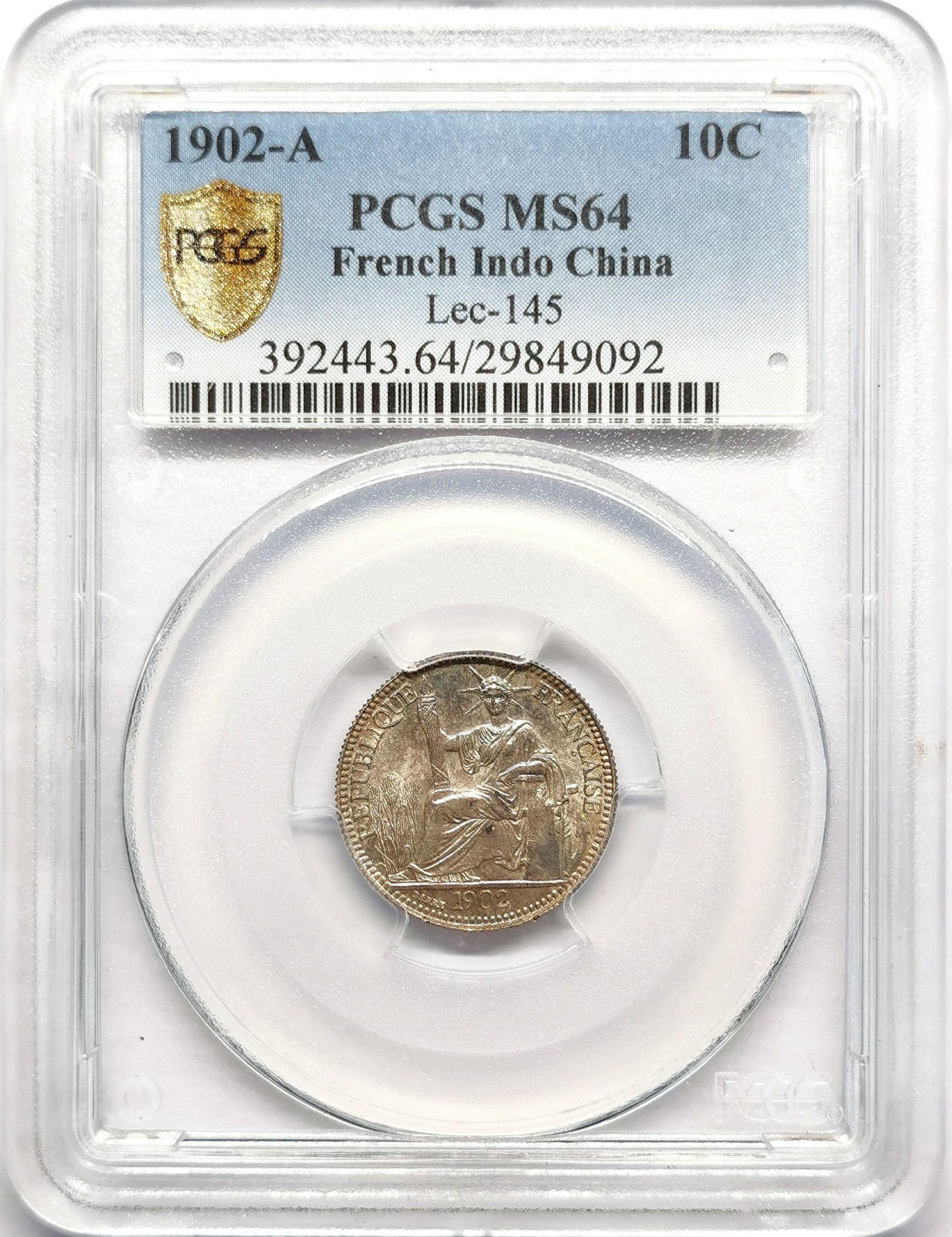 凡希社世界钱币微拍第二百五十期 1902A法属印度支那10分银毫PCGS-MS64收藏级！