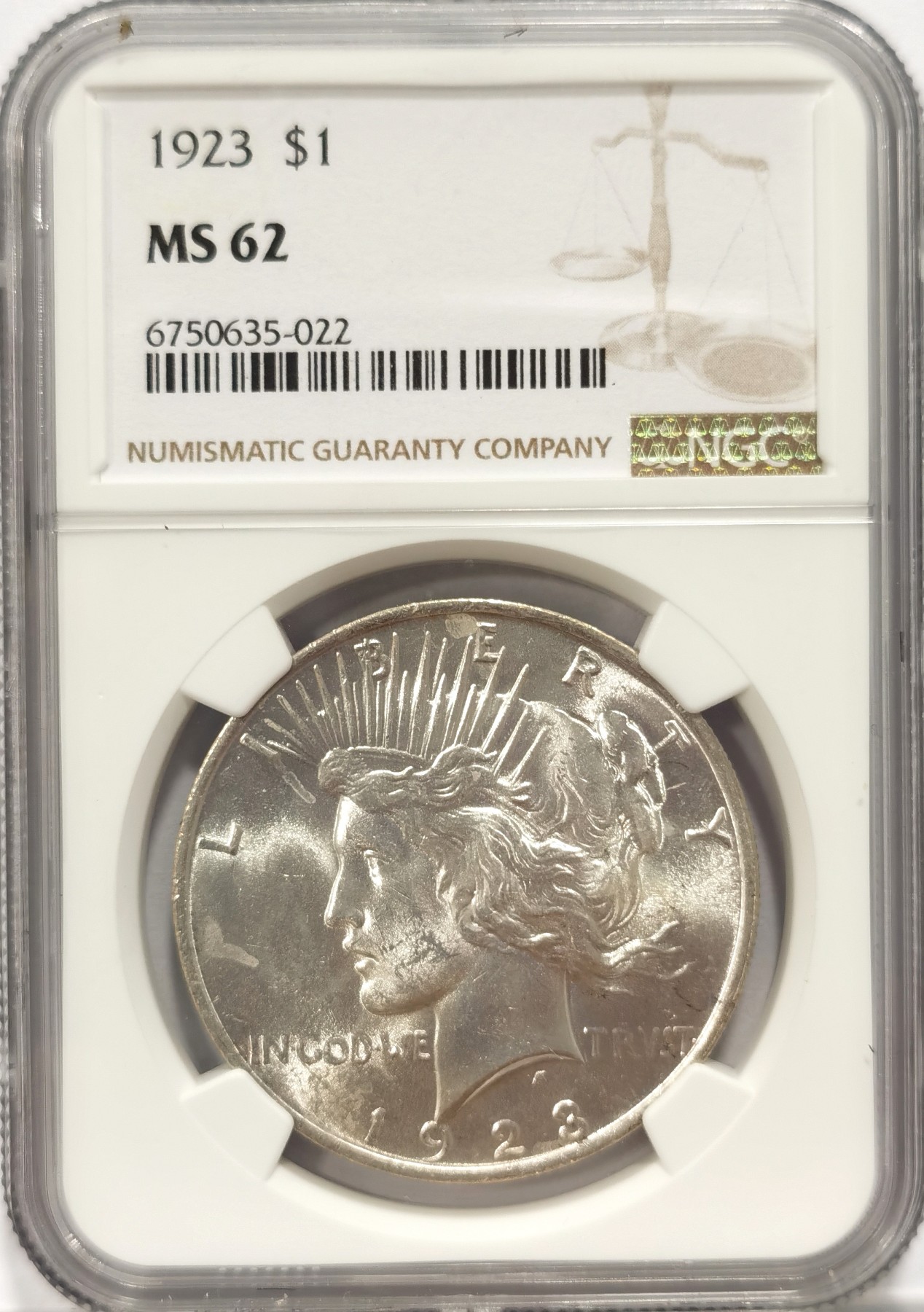 博洋堂世界钱币拍卖第047期（全场包邮） NGC MS62 1923年美国和平银元，原汁原味百年老包浆，币面清爽干净又漂亮，打制精美，银光闪烁，状态极佳。官方指导价60美元，NGC最新带二维码标签盒，新盒严评