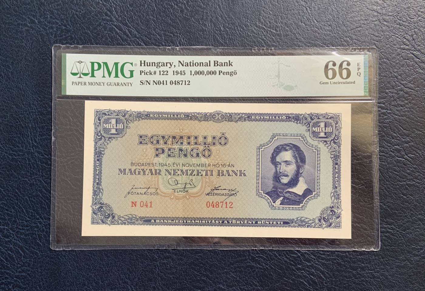 收藏联盟Quantum Auction 第296期拍卖  匈牙利1945年1000000彭戈 PMG66 亚军分 仅一张更高 诗人裴多菲