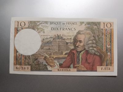 【专场20231019】癸卯地字甲号拍——世界钞/币专场（本期亮点：百慕大 直布罗陀 罗得西亚 巴哈马等地高冠女王/戎装女王肖像精品钞） - 【拍品005】法国1970年10法郎UNC-，文学家伏尔泰