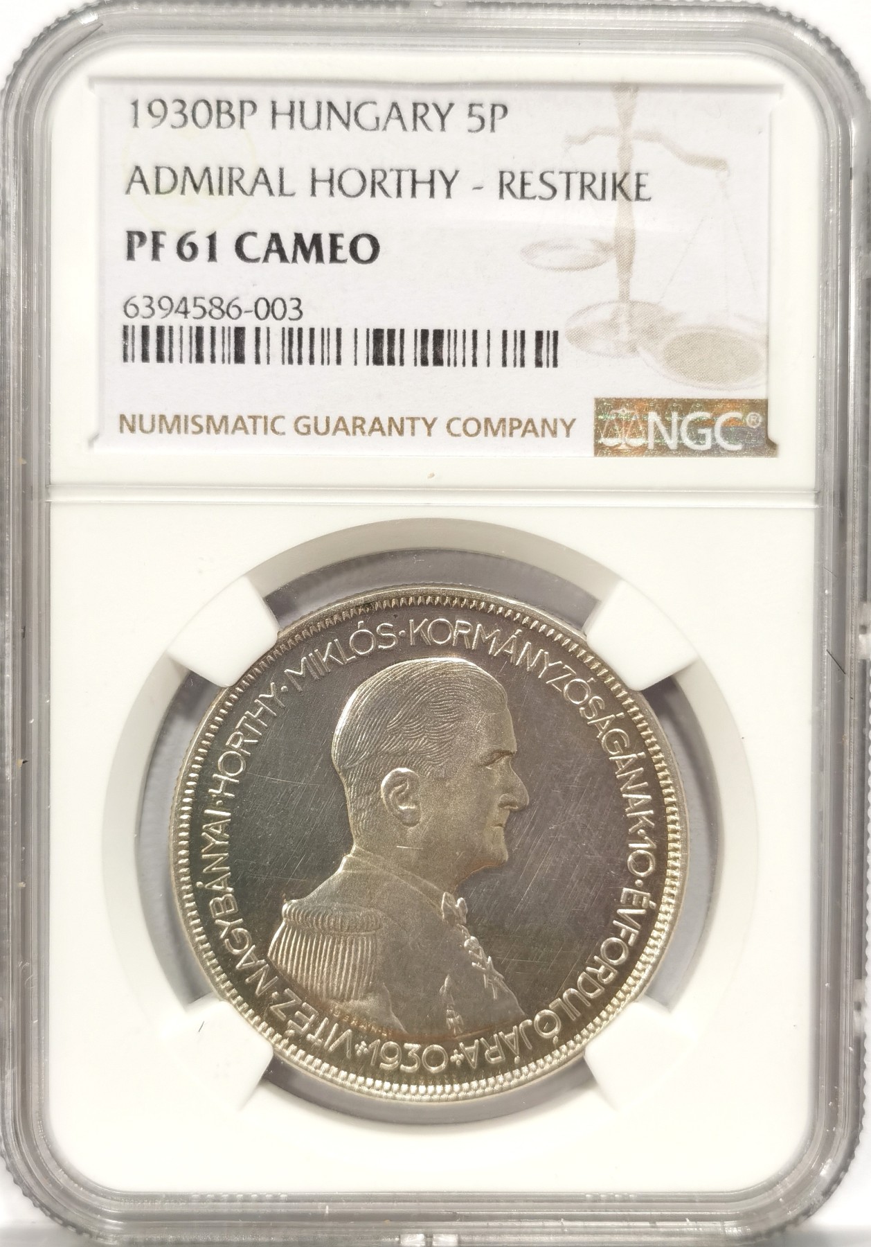 博洋堂世界钱币拍卖第047期（全场包邮） NGC PF61 1930年匈牙利王国摄政王霍尔蒂摄政十周年纪念5潘果双天使银币，镜面状态，状态极佳，非常漂亮，NGC评级同款高于此分的才区区6枚