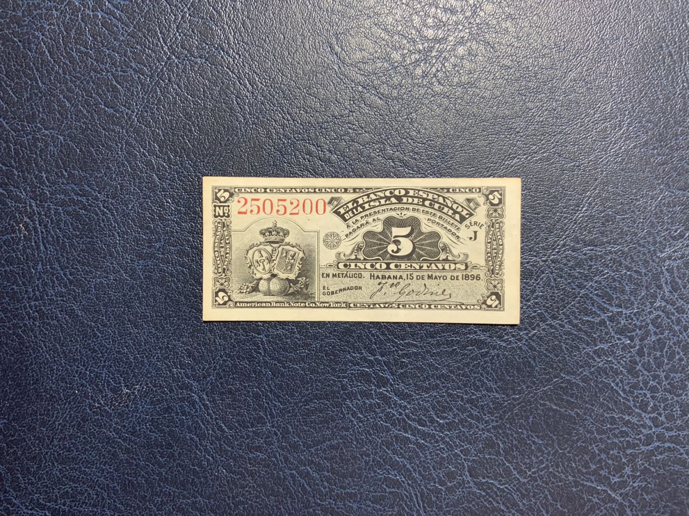 收藏联盟Quantum Auction 第296期拍卖  古巴1896年5分 品相UNC- 美钞作品 双面雕刻
