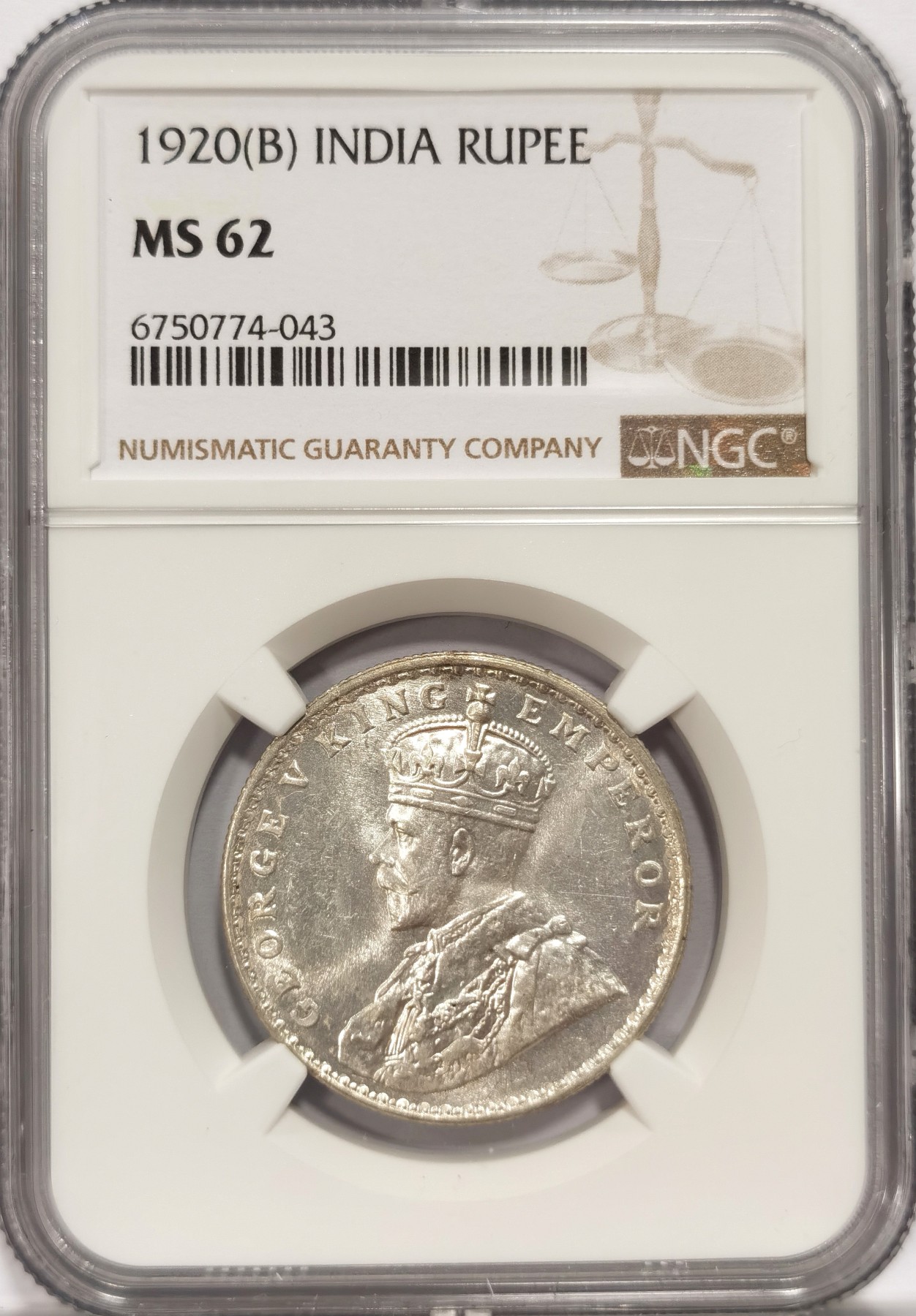 博洋堂世界钱币拍卖第047期（全场包邮） NGC MS62 英属印度1920年B版乔治五世1卢比银币