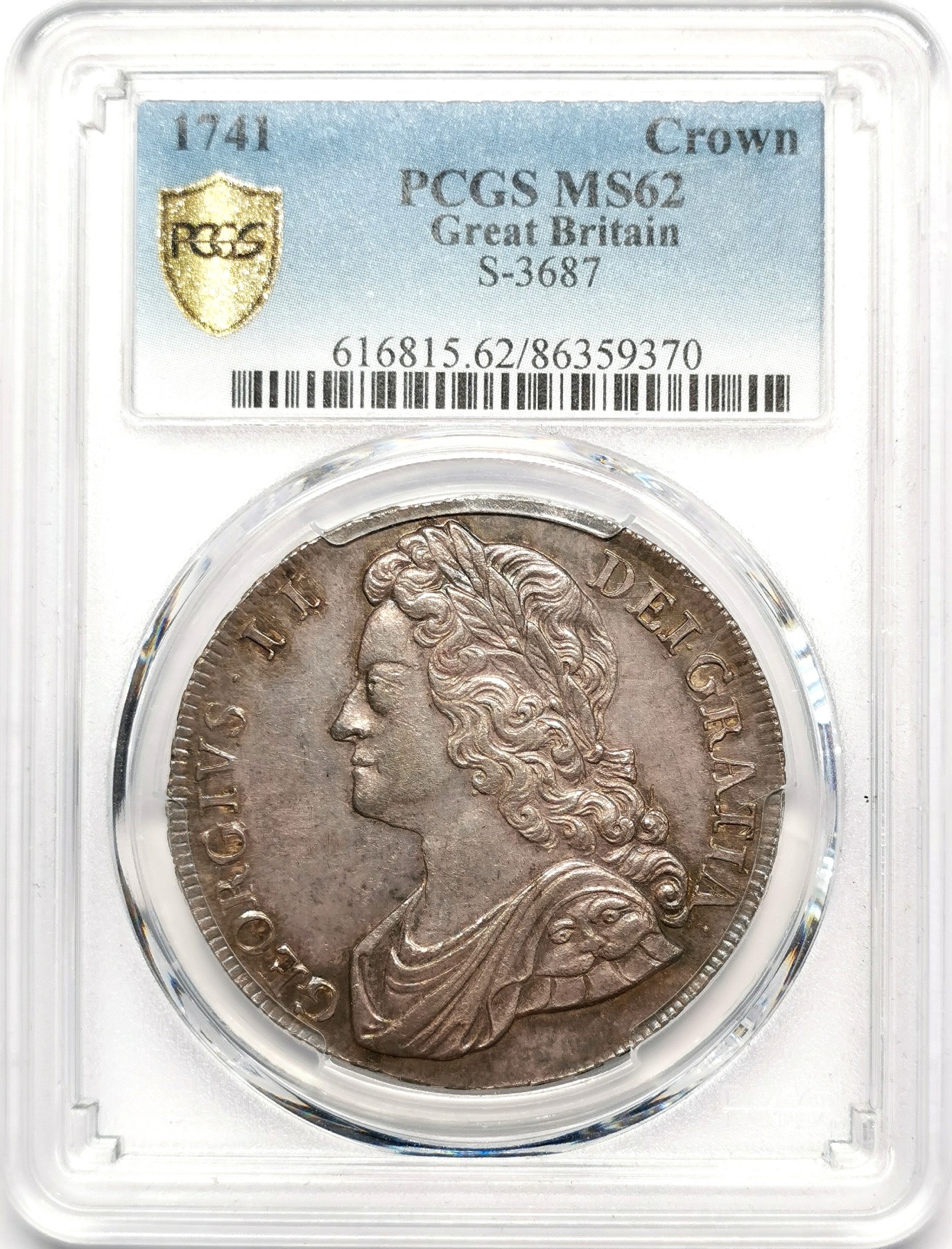 凡希社世界钱币微拍第二百五十期 稀！1741英国乔治二世玫瑰克朗大银PCGS-MS62绝色包浆收藏级！