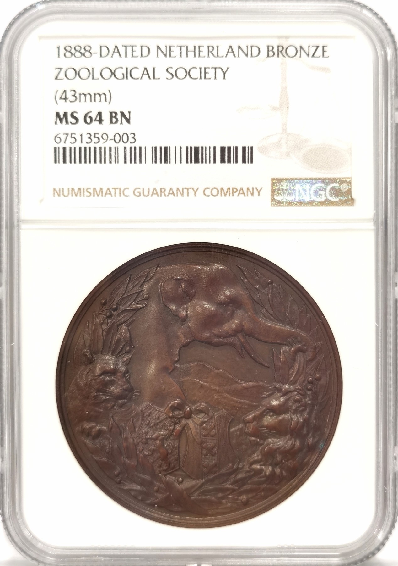 博洋堂世界钱币拍卖第047期（全场包邮） 1888年 荷兰动物协会纪念铜章 43mm NGC MS64