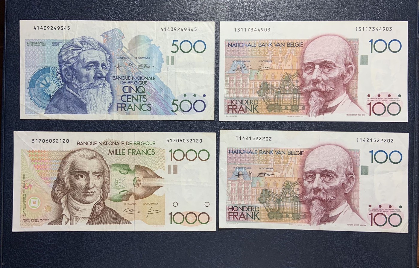 收藏联盟Quantum Auction 第296期拍卖  比利时1978-94年100，500和1000法郎4张 非全新 品相如图