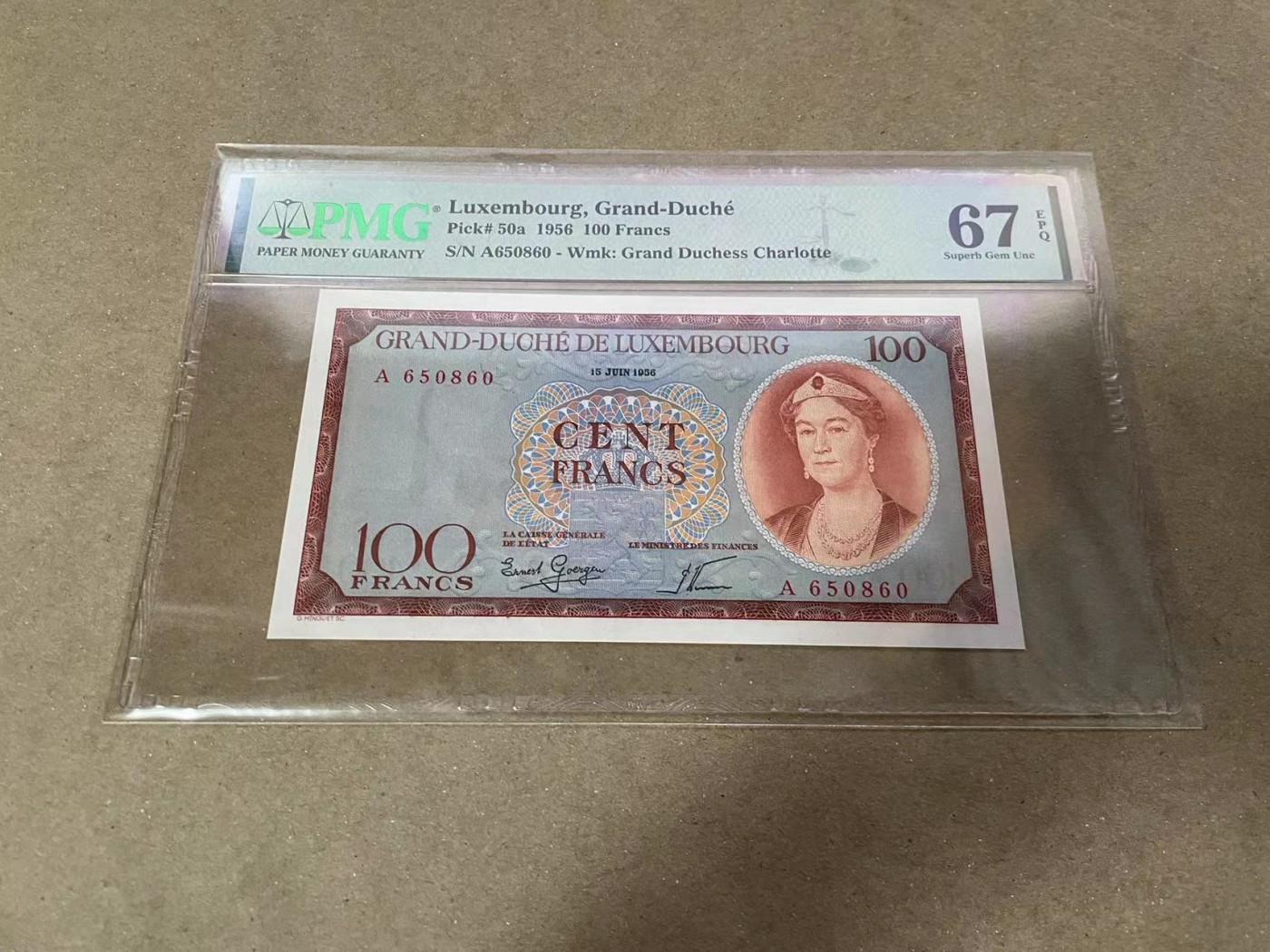 【Blue Auction】✨世界纸币精拍第380期【精】 【无47 A冠】卢森堡 1956年100法郎 女大公 PMG67EPQ 