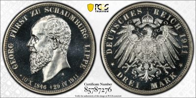 1911年 德国绍姆堡利普3马克 精制 银币 PCGS PR66+CAM 超强精制特有犀利超强转光