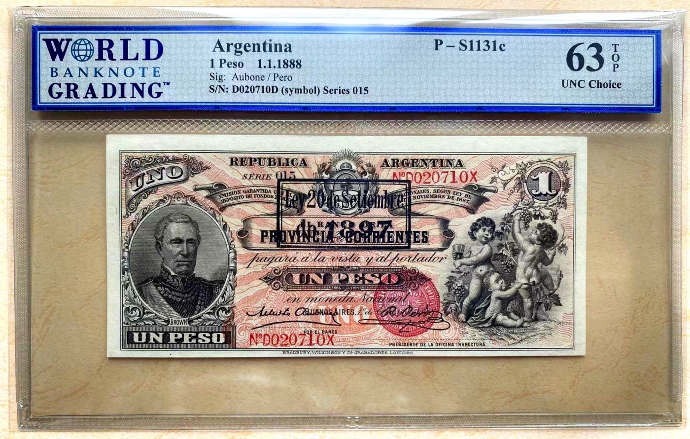 【Blue Auction】✨世界纸币精拍第380期【精】  【唯一冠军分 全新原票品相罕见 珍品实钞】阿根廷 1888年1比索 WBG63EPQ 设计非常精巧童趣十足 PMG最高分仅55  BWC出品雕刻精美