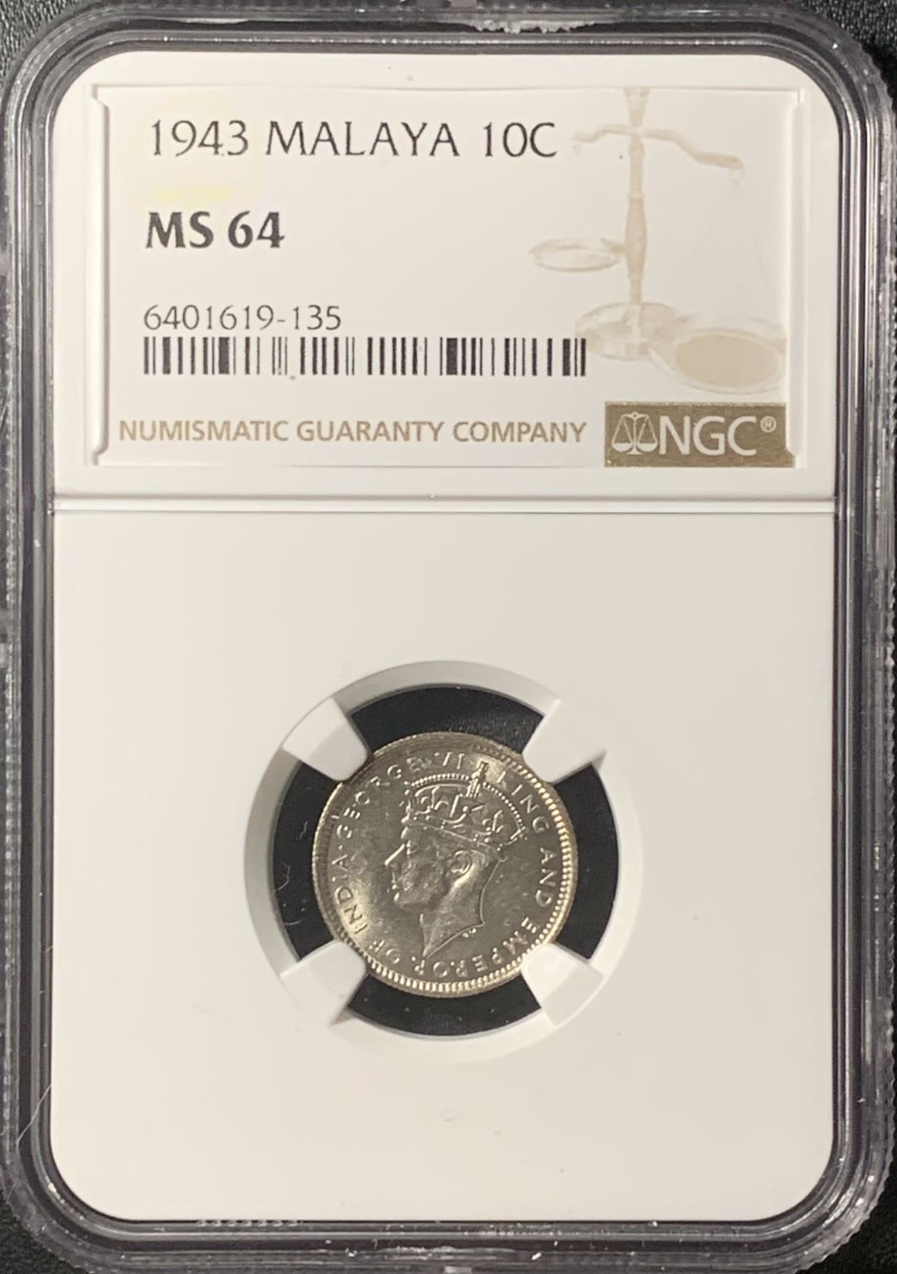 紫瑗钱币——第315期拍卖 马来亚 1943年 乔治六世 10分 银币 NGC MS64