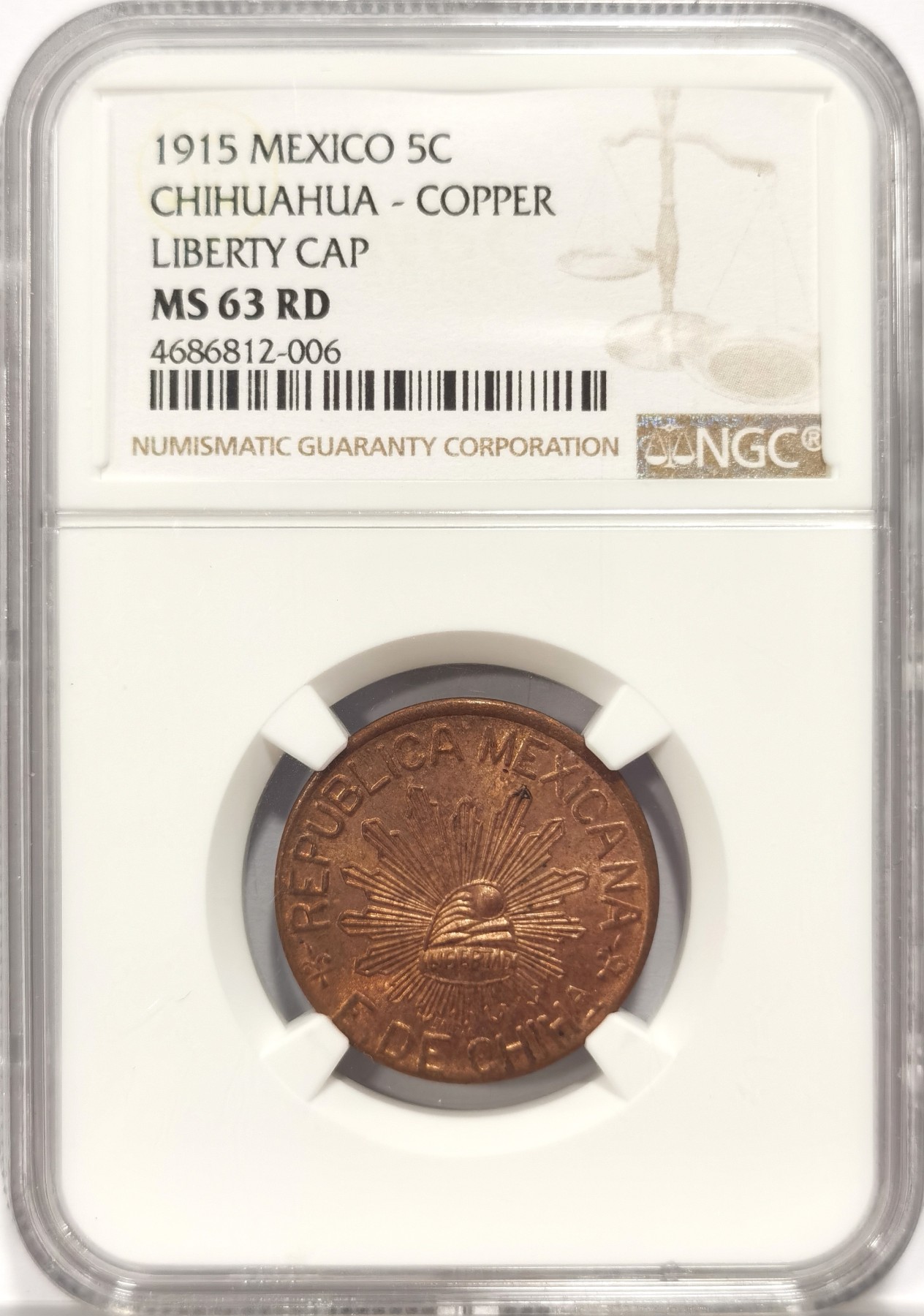 博洋堂世界钱币拍卖第047期（全场包邮） NGC MS63RD 墨西哥1915年革命时期Chihuahua奇瓦瓦5C铜币