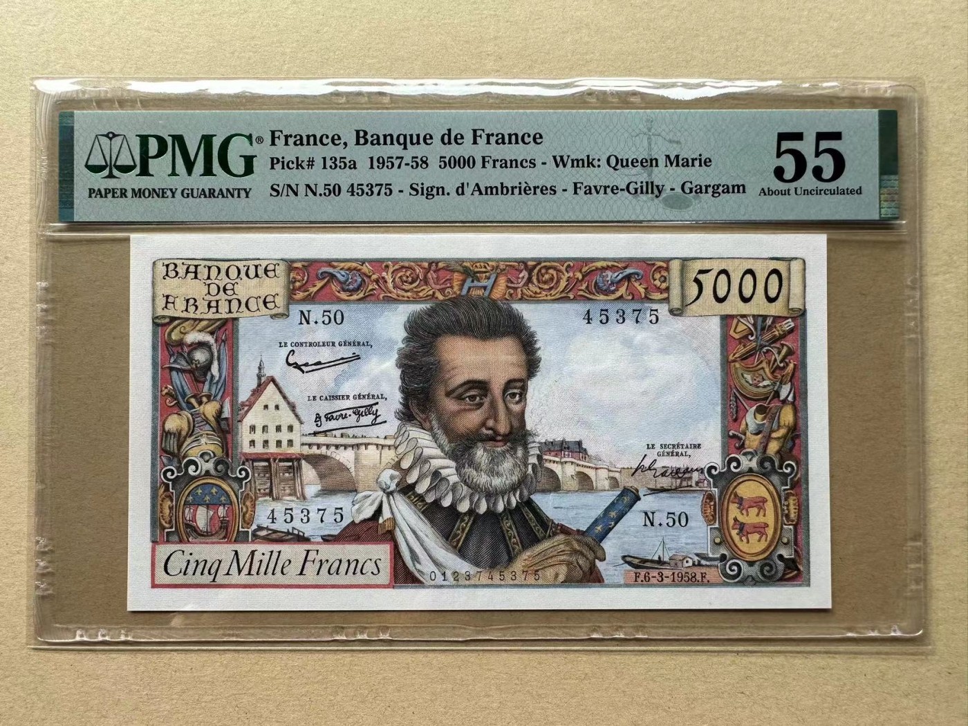 【Blue Auction】✨世界纸币精拍第380期【精】 法国 1958年5000法郎 PMG66 亨利四世 精美 