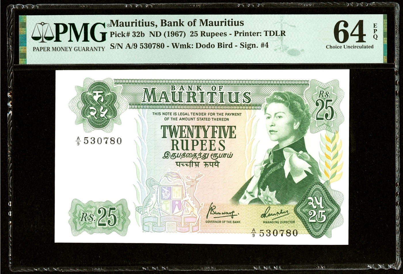 【Blue Auction】✨世界纸币精拍第380期【精】 毛里求斯 1967年25卢比 戎装女王 背面牛车及风光怡人 PMG64EPQ 