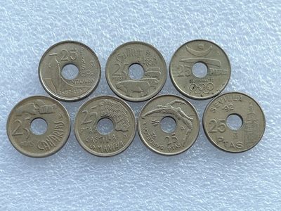 全场一元起拍 世界钱币散币场 第29期 - 西班牙1990-1997年25比塞塔黄铜纪念币 7枚套