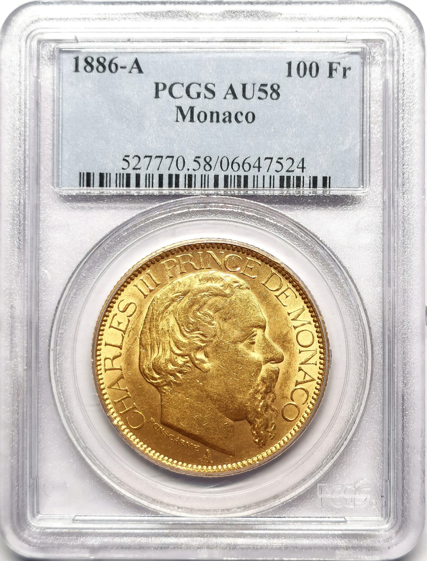 凡希社世界钱币微拍第二百五十期 荐！1886A摩纳哥王国100FR大金PCGS-AU58 32.26g 900金