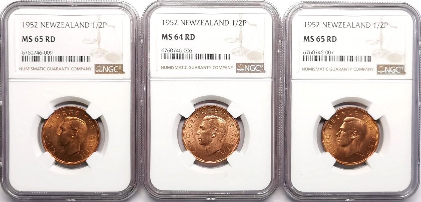 凡希社世界钱币微拍第二百五十期 1952新西兰1/2便士三枚一组NGC