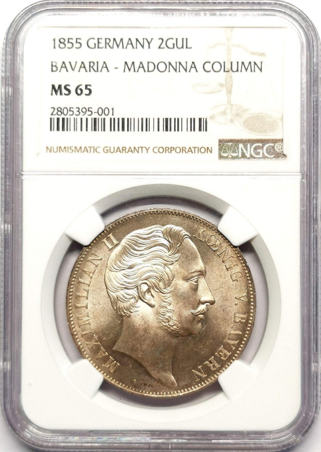 凡希社世界钱币微拍第二百五十期 1855巴伐利亚圣母柱2盾大银NGC-MS65状态出色！