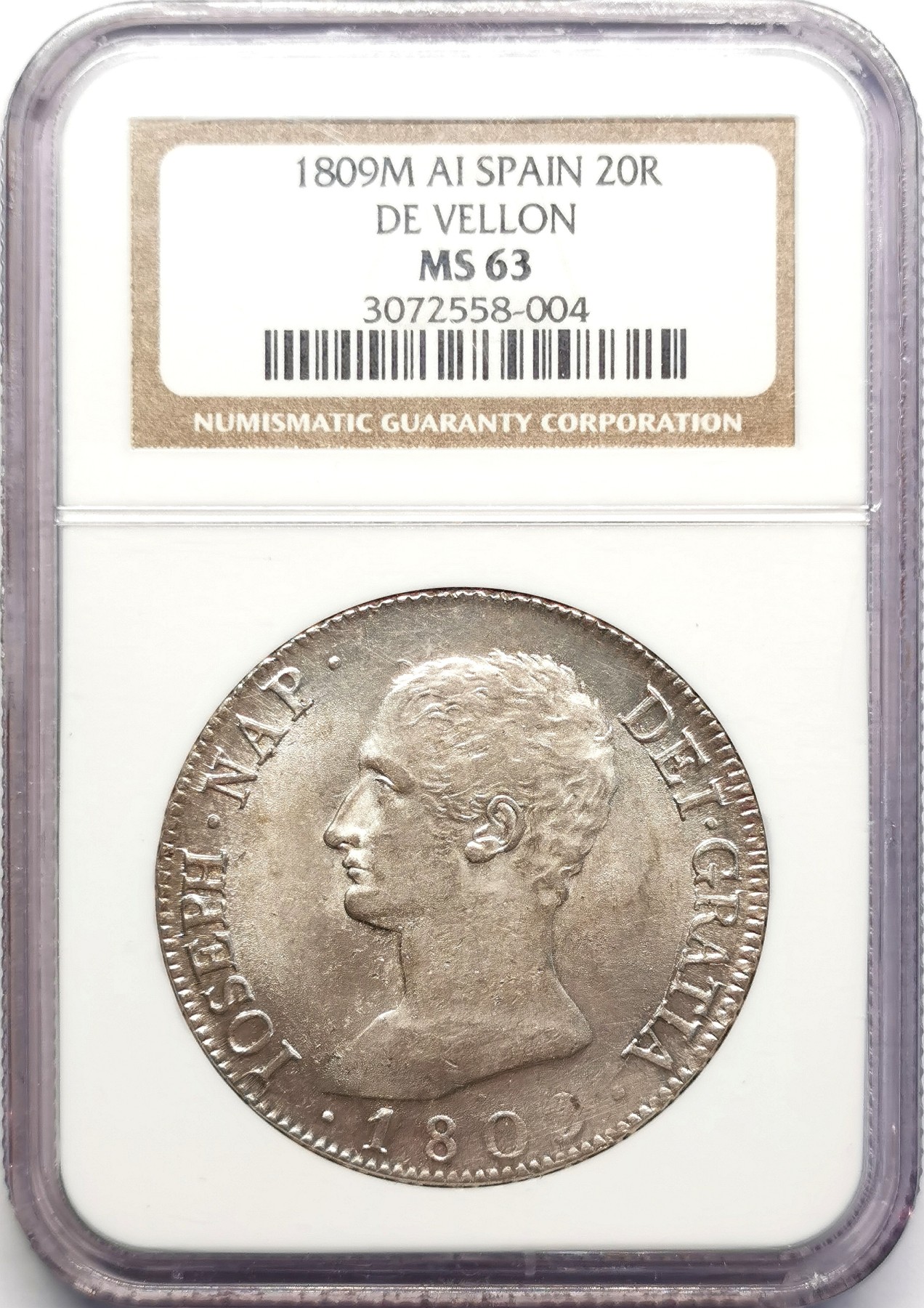 凡希社世界钱币微拍第二百五十期 稀！1809法占西班牙约瑟夫拿破仑20R大银NGC-MS63压箱底品质！