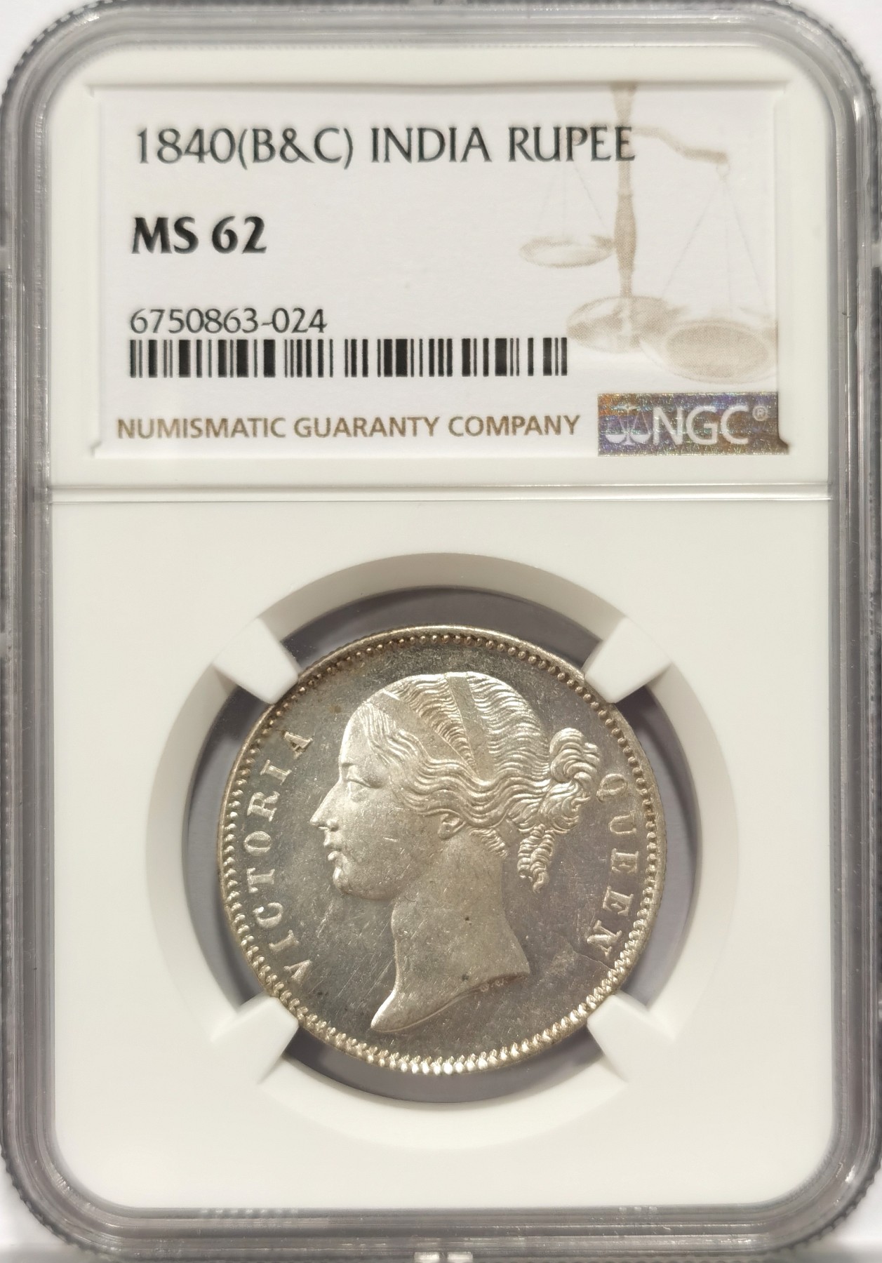 博洋堂世界钱币拍卖第047期（全场包邮） NGC MS62 英属东印度公司1840年B&C版维多利亚1卢比银币，双辫版