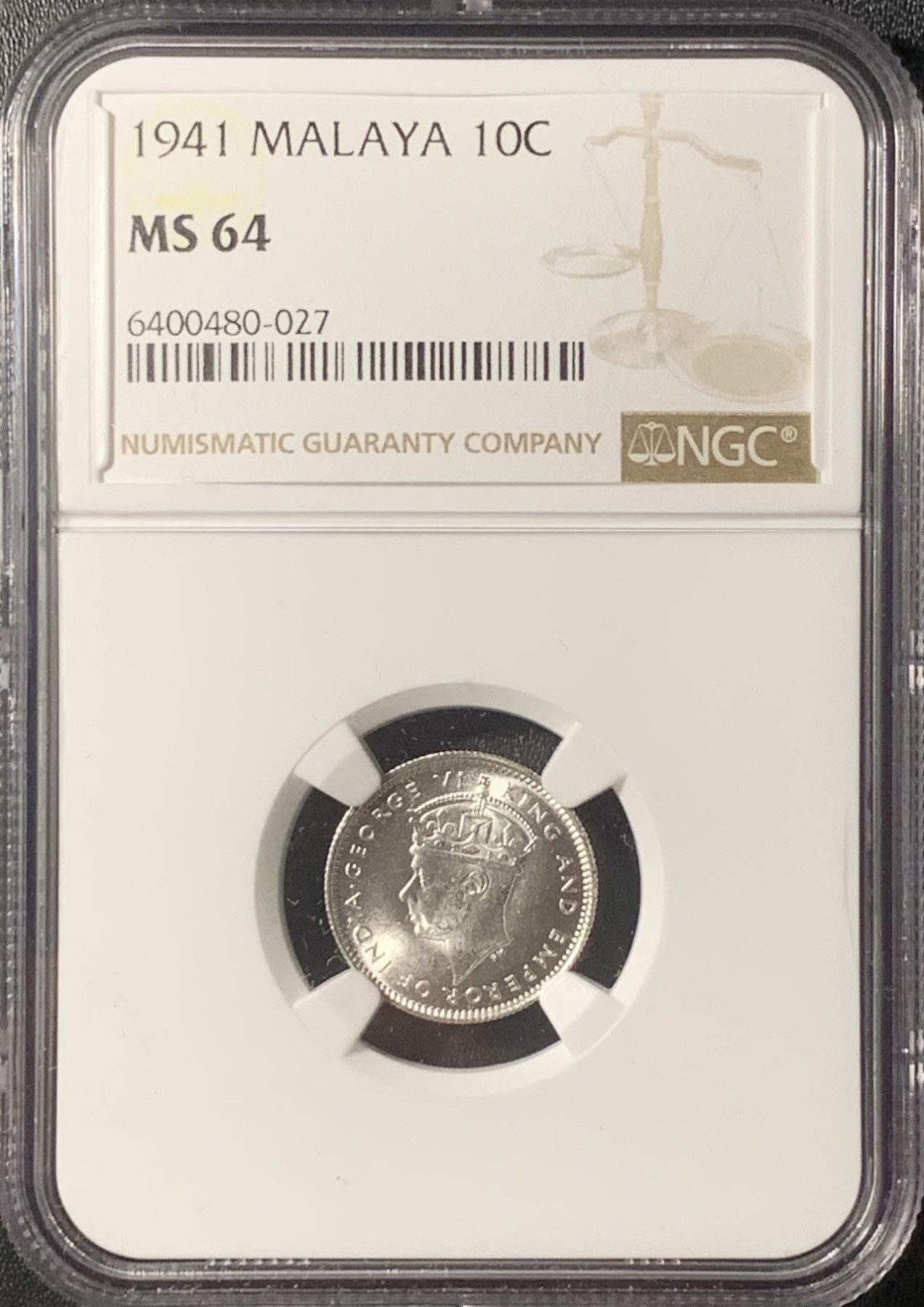 紫瑗钱币——第315期拍卖 马来亚 1941年 乔治六世 10分 银币 NGC MS64