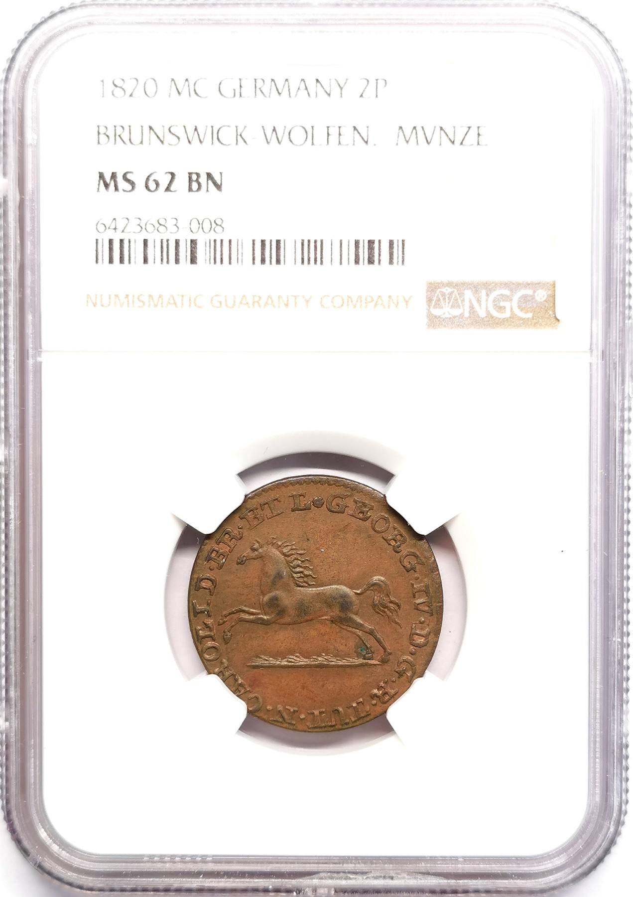 凡希社世界钱币微拍第二百五十期 1820布伦瑞克沃芬布特飞马2芬尼铜辅币NGC-MS62少见品种！